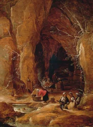 Vagabundos e lavadeiras em caverna, por David Teniers II (1610-1690)