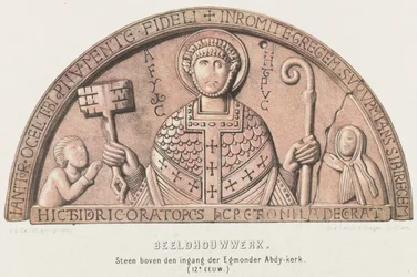 Tympaan van Egmond: tambor de arco com Petrus, Conde Dirk VI da Holanda e sua mãe, Condessa Petronella, c. 1120 Escultura. Pedra acima da entrada da igreja Egmander Abdy (século XII) (título no objeto)