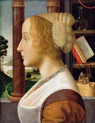 "Portrait de profil de jeune femme" (Retrato de perfil de uma jovem mulher) Peinture de Davide Ghirlandaio (1452-1525) vers 1490 Dim 44,6x34,3 - Staatliche Museen, Berlim