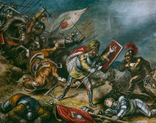 Uma pintura que retrata Ricardo III a lutar a pé no Campo de Bosworth. Obra de arte.