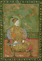 58.2025A Retrato do sultão Abdullah Qutb Shah sentado, Golconda, 1670, (guache sobre papel de ouro e borda estampada dourada floral)