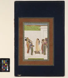 Uma mulher completando seu toilette, c.1725 (aquarela opaca e dourada sobre papel, montada em uma página de álbum)