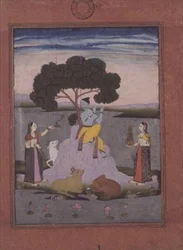 BL cat. no.428, de um Johnson Album no. 20 item 3, Krishna tocando a dois gopis, Hyderabad, c.1770 (gouache com ouro, borda cor-de-rosa)