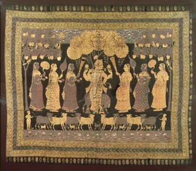 Krishna e seus Gopis (aquarela opaca, ouro e prata sobre algodão tingido)