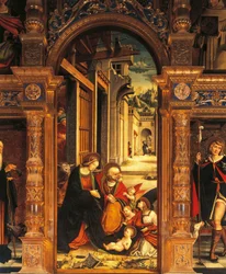 Natividade, detalhe do retábulo do século XVI, por Defendente Ferrari (1480 ou 1485-1540), Abadia de Santo Antônio de Ranverso, Buttigliera Alta, Itália