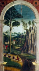 Perspectiva pintada pelo Defendente Ferrari (1480 ou 1485-1540), na secção traseira do coro do século XVI, Igreja de São Jerónimo, Biella, Itália