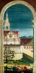 Perspectiva pintada pelo Defendente Ferrari (1480 ou 1485-1540), na parte posterior do coro do século XVI, Igreja de São Jerônimo, Biella. Itália