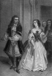 Peça "O Misantropo" de Molière: Alceste, Celimene, Eliante, Philinte gravura de Delannoy após desenho de G. Staal (1870)