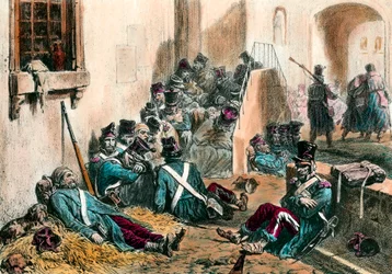 Tifo durante as Guerras Napoleônicas Os soldados do exército francês sofrem de febre causada por doenças. Gravura de Denis Auguste Raffet (1804-1860) do século XIX. Coleção particular