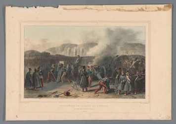 Beschieting van de Citadel, 1832 Quebrando bateria em ação (título no objeto) Desenhos feitos da natureza no cerco da Cidadela de Antuérpia por Raffet (título da série no objeto)