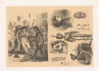 Grupo de homens, ao seu lado uma composição que inclui um soldado
Croquis; Scènes de la Révolution
