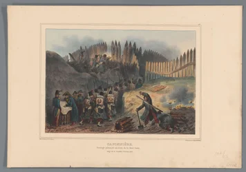Groep soldaten trekt door een opening in de palissade, 1832
Caponière, trabalho em paliçada em frente da meia-lua (título sobre o objecto)
Desenhos feitos de vida no cerco da Cidadela de Antuérpia por Raffet (título da série sobre o objecto)