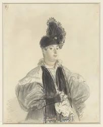 Retrato de uma dama de pé com xaile preto e chapéu preto