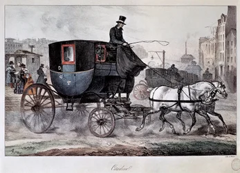 Os transportes públicos no século XIX: um táxi nas ruas de Paris (gravura colorida)