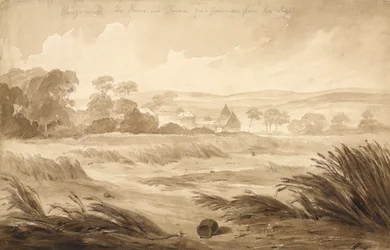 &39;No 1 Hougomont A casa e farme du - Gourman da direita&39;, 1815 (wc e lápis sobre papel)
