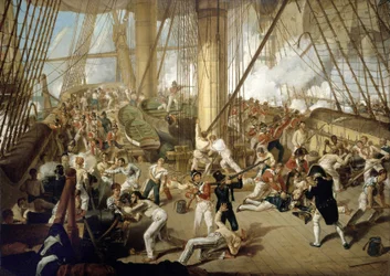 A queda de Horatio Nelson (1758-1805), na Batalha de Trafalgar, a 21 de outubro