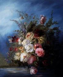 Natureza morta. Bouquet de flores junto à água com rosas e tulipas. Pintura de Denis Pierre Bergeret (1846-1910) Coleção particular.