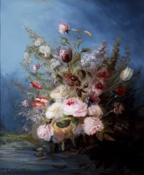 Natureza morta. Bouquet de flores junto à água com rosas e tulipas. Pintura de Denis Pierre Bergeret (1846-1910) Coleção particular.