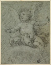 Putto sentado nas nuvens