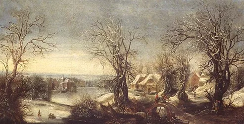 Uma extensa paisagem arborizada no inverno com patinadores em uma via navegável congelada, um peregrino e um santuário além
