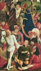 Cavaleiros e soldados a jogar aos dados para obter o manto de Cristo