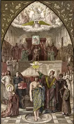 Santo Remigius baptiza Clovis em Reims - O baptismo do Rei dos Francos Clovis I (466-511) em Reims pela Eveque Saint Remi em 25/12/496 (ou 499) - gravura após a pintura de Desire François Laugee