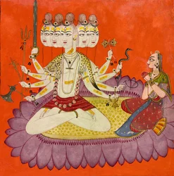 Sadashiva adorado por Parvati, c.1690 (aquarela opaca, ouro e asa de besouro aplicada no papel, )
