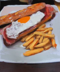 Bocata con huevo y patatas fritas, 2018 (tinta acrílica sobre fotografia impressa)