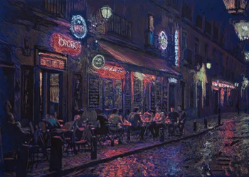 Calle y bar madrileño, 2025 (acrílico, tinta e lápis sobre tecido)