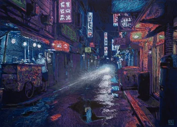 Callejón HK, 2025 (acrílico, tinta e lápis sobre tecido)