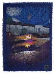 Fogón en madFaber, 2025 (acrílico, tinta e lápis sobre tecido)