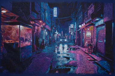Volviendo albergue en HK, 2025 (acrílico, tinta e lápis sobre tecido)