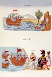 Cap 69 e Cap 71, ilustrações de "História das Índias de Nueva Espanha e isla de terra firme", com placas de Jules Desportes, México, 1867-1880