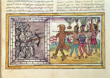 Códice Durán: Pedro de Alvarado (c. 1485-1541), companheiro de armas de Hernando Cortés (1485-1547), sitiado por guerreiros astecas