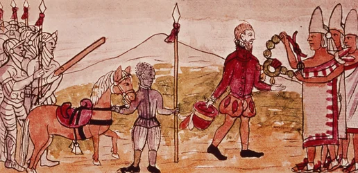 Fol. 208v Encontro de Hernando Cortes (1485-1547) e Montezuma (1466-1520), miniatura da «História dos Índios» de Diego Duran, 1579 (pormenor de 227180)