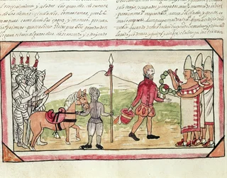Fol. 208v Encontro de Hernando Cortes (1485-1547) e Montezuma (1466-1520), miniatura da «História dos Índios» de Diego Duran, 1579