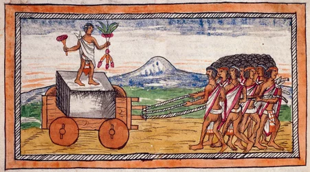 Os astecas transportando pedras para construir as suas cidades, aguarela esticada da História das Índias por Diego Duran (1537-1588), manuscrito, fólio 188 recto