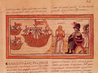 A princesa índia Malinche ou Doña Marina, amante de Hernando Cortés (1485-1547), interpretando para ele