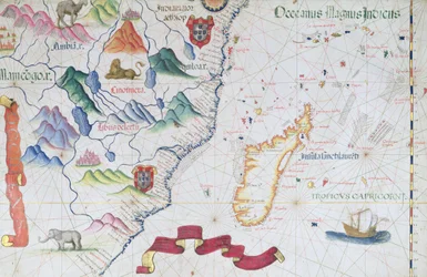 Madagascar e East African Coastline, detalhe de um atlas mundial, 1565