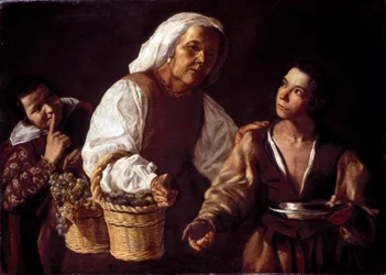 The Two Boys and the Old Fruit Woman or the Old Fruit Seller (Dos muchachos y vieja con fruta o La vieja frutera). Pintura de Diego Rodriguez de Silva Velázquez (Velasquez