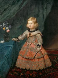 Barroco : Retrato da Infanta Margaret Theresa (1651-1673) em vestido rosa par Velázquez, Diego (1599-1660), c. 1653. Óleo sobre tela