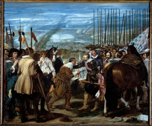 A rendição de Breda. No final do cerco de Breda (durante a Guerra dos Trinta Anos): em 5 de junho de 1625, Justin de Nassau (1559-1631) negociou a paz com Ambrogio Spinola Doria, Marquês de Los Balbases (1569-1630), durante uma cerimônia onde entregou a k