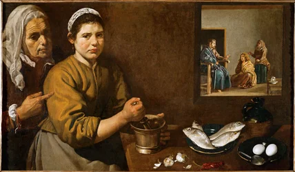 Cena de cozinha com Cristo em casa de Marta e Maria, irmãs de Lázaro (óleo sobre tela)