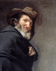 Menippe (Detalhe). Retrato Menippe de Sinope, poeta e filósofo grego da Escola Cínica, tendo vivido entre os séculos IV e III AC. Pintura de Diego Rodriguez de Silva y Velasquez (1599-1660)
