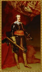 Filipe IV de armadura, com um leão a seus pés ... (pintura sobre tela)