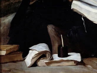 Retrato do bobo Diego de Acedo diz o primo, detalhe. Livros. Pintura de Diego Rodriguez de Silva y Velasquez (1599-1660)