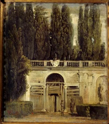 Villa Medicis em Roma, dois homens na entrada da gruta da loggia em construção Vista dos jardins da Villa Medicis. Pintura de Diego Velasquez (1599-1660), cerca de 1649 Sol. 0,48x0,42 m Madrid, Museu do Prado.