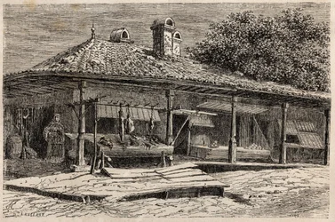 Um açougue e uma padaria em Bucareste (Romênia). Engravure pour illustrrer le voyage de Paris à Bucharest de Lancelot, designer, em 1860, no "Le tour du monde, nouveau journal des voyages", publicado sob a direcção de Edouard Charton