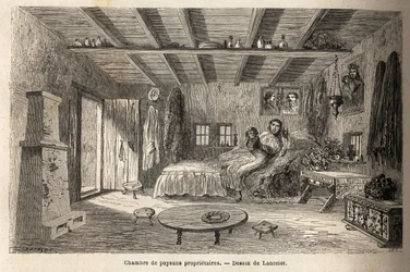Uma casa de camponeses proprietários, nos arredores de Orezu (região de Walachia, Roménia). Gravura para ilustrar a viagem de Paris a Bucareste, de Lancelot, desenhista, em 1860, publicada na "Le tour du monde, nouveau journal des voyages", sob a direcção 