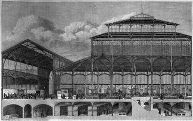Secção transversal dos Halles de Paris em 1862. Gravura de Lancelot em "Le Magasin pitoresco".